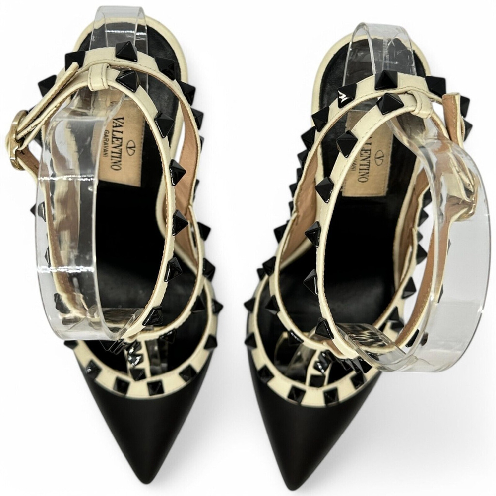 Valentino Rockstud Ankle Strap 100mm Pumps 36.5 Black Light Ivory Leather - Picture 6 of 14